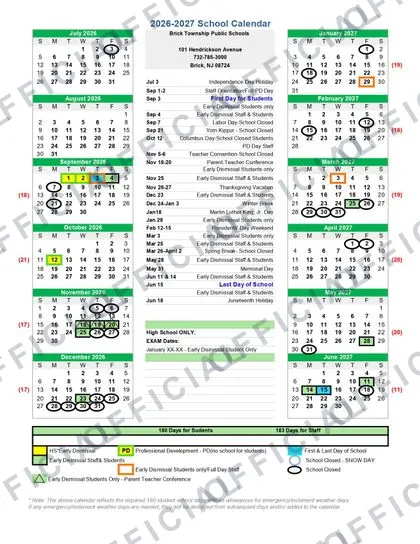 Brick Township Public Schools 2026-27 calendar