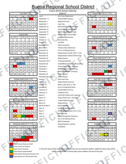 Buena Regional School District 2026-27 calendar