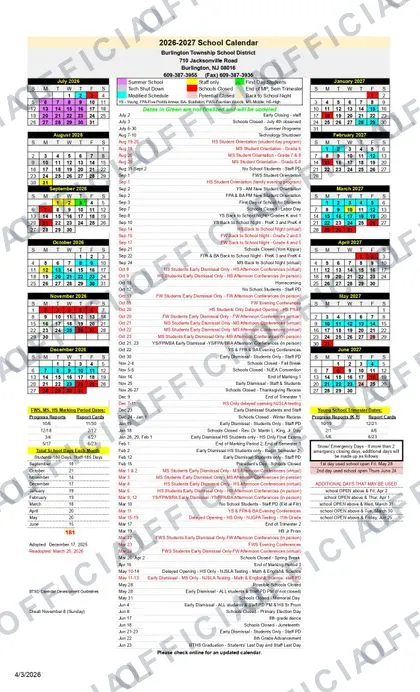 Burlington Township School District 2026-27 calendar