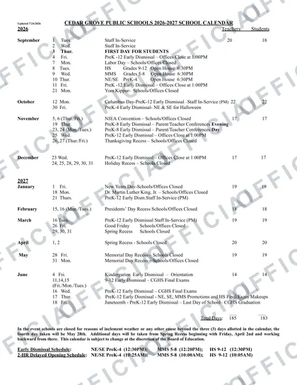 CEDAR GROVE PUBLIC SCHOOLS 2026-27 calendar