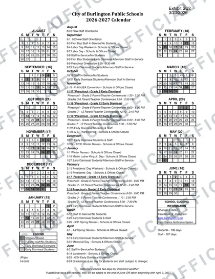 City of Burlington Public Schools 2026-27 calendar