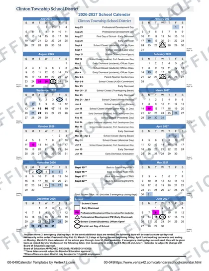 Clinton Township School District 2026-27 calendar