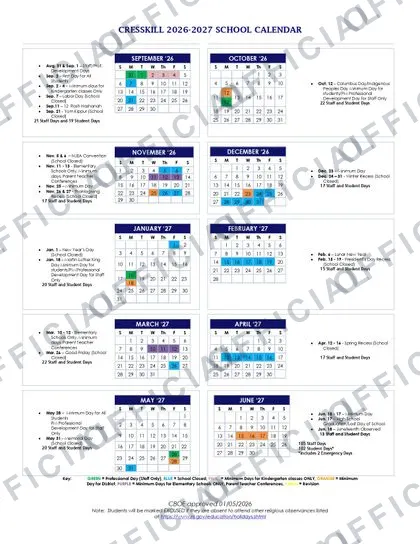 CRESSKILL Public Schools 2026-27 calendar