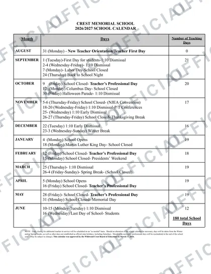 CREST MEMORIAL SCHOOL 2026-27 calendar