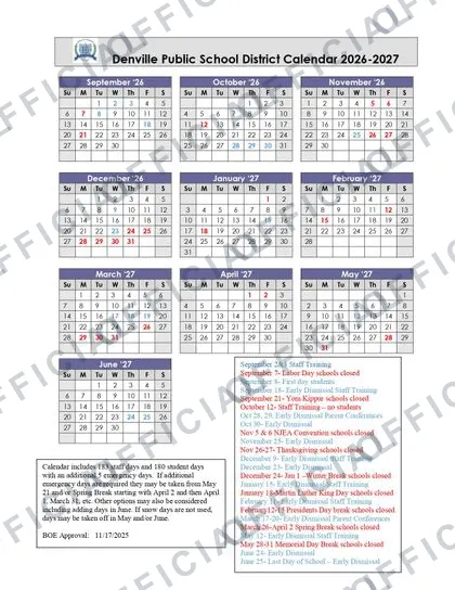 Denville Public School District 2026-27 calendar