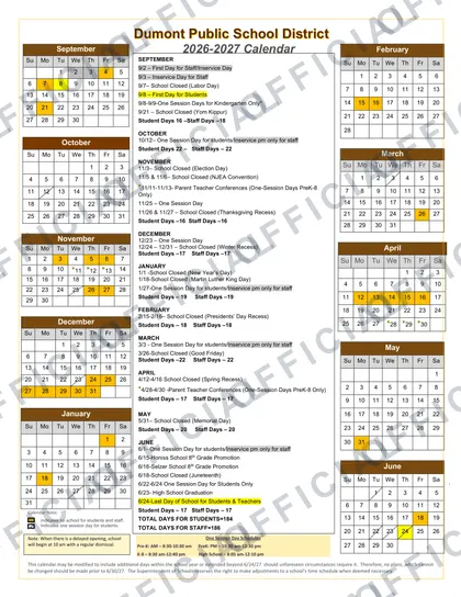 Dumont Public School District 2026-27 calendar