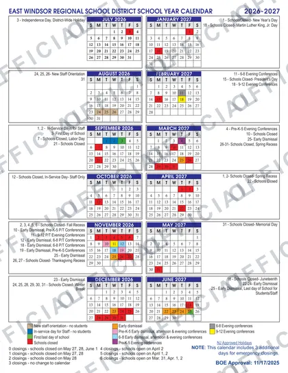 East Windsor Regional School District 2026-27 calendar
