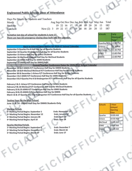 EPSD 2026-27 calendar