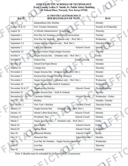 ESSEX COUNTY SCHOOLS OF TECHNOLOGY 2026-27 calendar