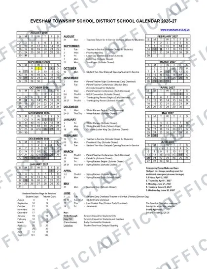 Evesham Township School District 2026-27 calendar