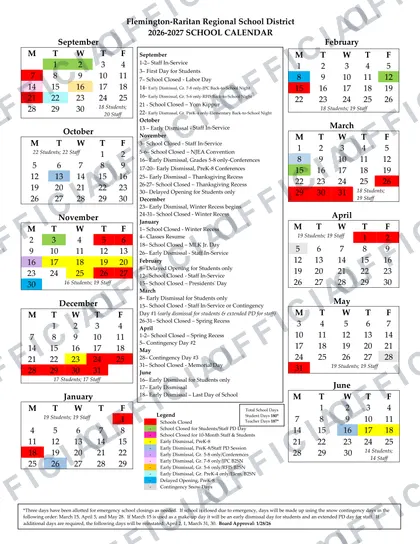 Flemington-Raritan Regional School District 2026-27 calendar