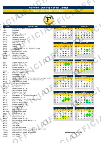 Florence Township School District 2026-27 calendar