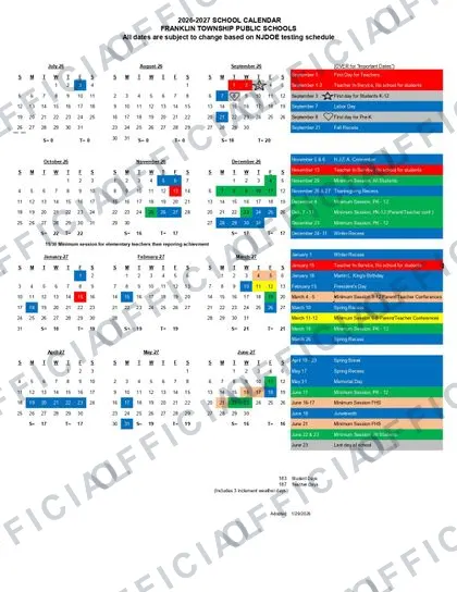FRANKLIN TOWNSHIP PUBLIC SCHOOL 2026-27 calendar
