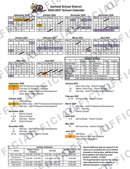 Garfield School District 2026-27 calendar
