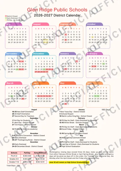 Glen Ridge Public Schools 2026-27 calendar