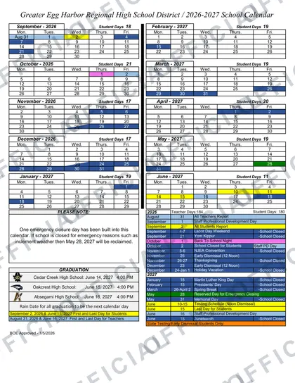 Greater Egg Harbor Regional High School District 2026-27 calendar