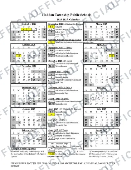 Haddon Township Public Schools 2026-27 calendar