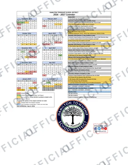 Hamilton Township School District 2026-27 calendar