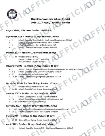 Hamilton Township School District 2026-27 calendar
