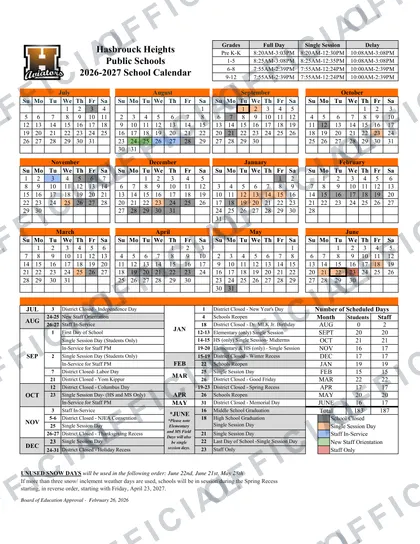 Hasbrouck Heights Public Schools 2026-27 calendar