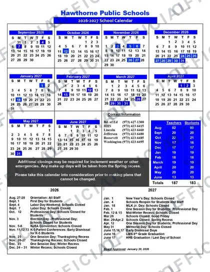 Hawthorne Public Schools 2026-27 calendar
