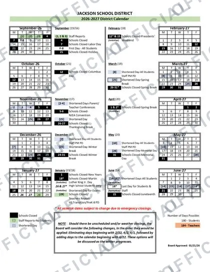 JACKSON SCHOOL DISTRICT 2026-27 calendar