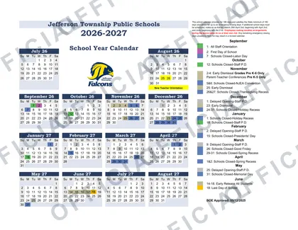 Jefferson Township Public Schools 2026-27 calendar