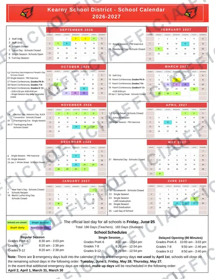 Kearny School District 2026-27 calendar