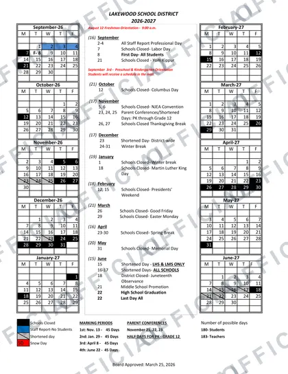 LAKEWOOD SCHOOL DISTRICT 2026-27 calendar