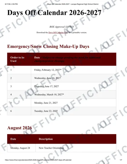 Lenape Regional High School District 2026-27 calendar