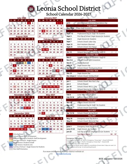 Leonia School District 2026-27 calendar
