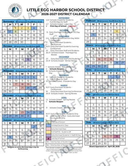 Little Egg Harbor School District 2026-27 calendar