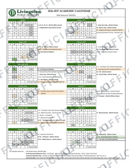Livingston PUBLIC SCHOOLS 2026-27 calendar