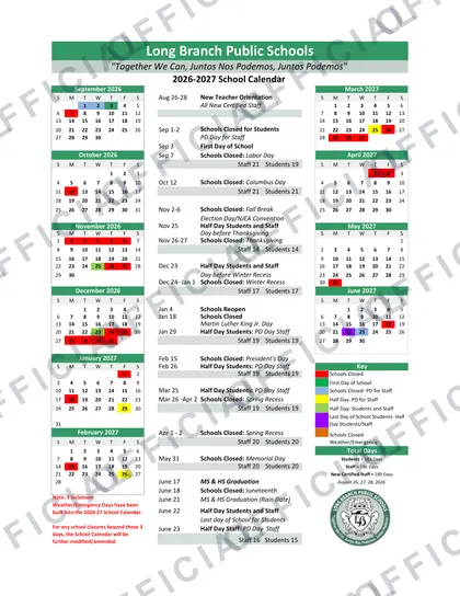 Long Branch Public Schools 2026-27 calendar