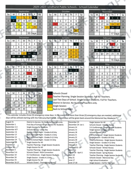 Lyndhurst Public Schools 2026-27 calendar