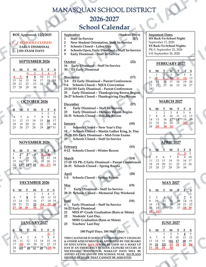 MANASQUAN SCHOOL DISTRICT 2026-27 calendar