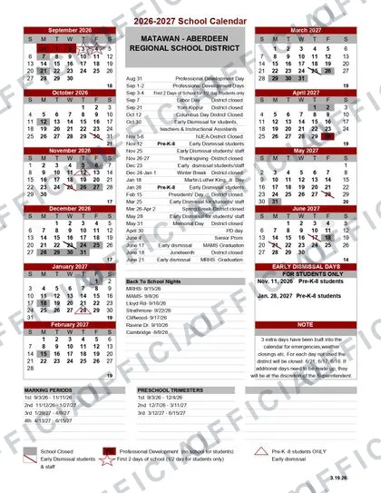 MATAWAN - ABERDEEN REGIONAL SCHOOL DISTRICT 2026-27 calendar