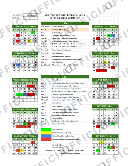 MEDFORD TOWNSHIP PUBLIC SCHOOLS 2026-27 calendar