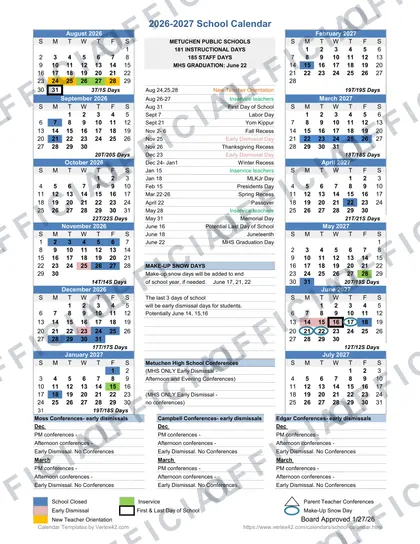 Metuchen Public Schools 2026-27 calendar