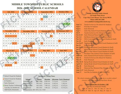 Middle Township Public Schools 2026-27 calendar