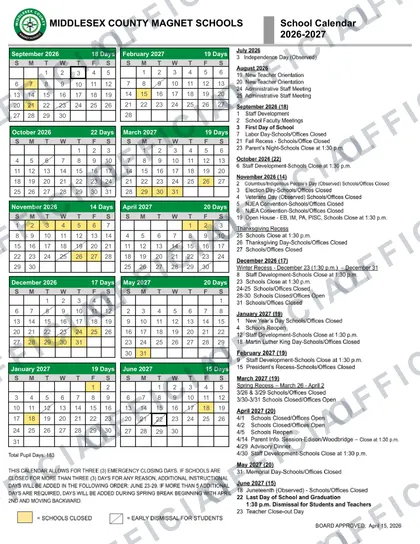 Middlesex County Magnet Schools 2026-27 calendar