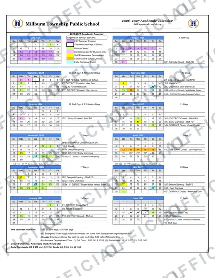 Millburn Township Public School 2026-27 calendar