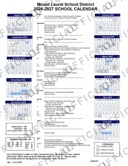 Mount Laurel School District 2026-27 calendar