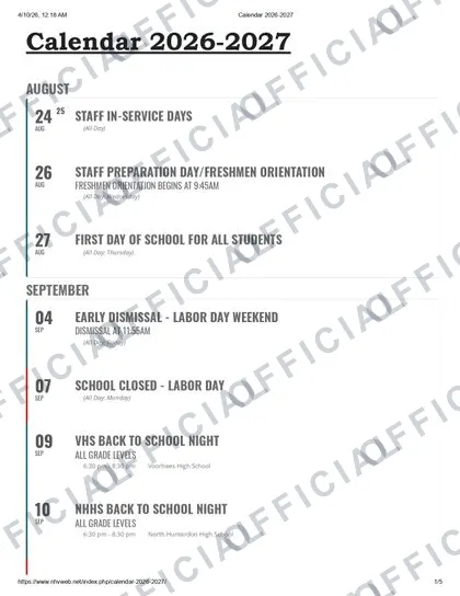 North Hunterdon-Voorhees Regional High School 2026-27 calendar