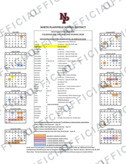 NORTH PLAINFIELD SCHOOL DISTRICT 2026-27 calendar