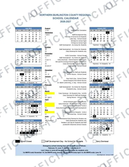 Northern Burlington County Regional 2026-27 calendar