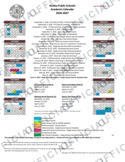 Nutley Public Schools 2026-27 calendar
