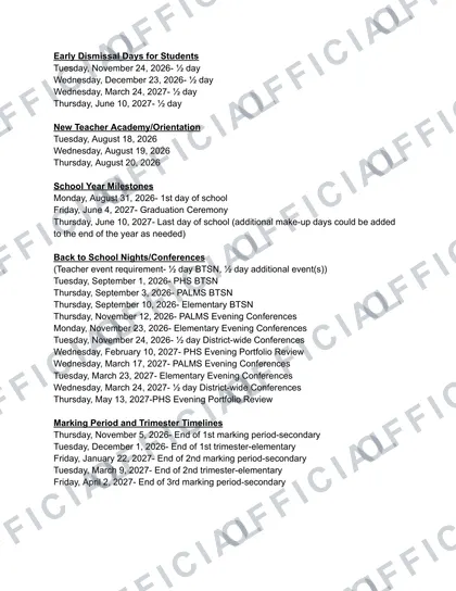 Palisades School District 2026-27 calendar