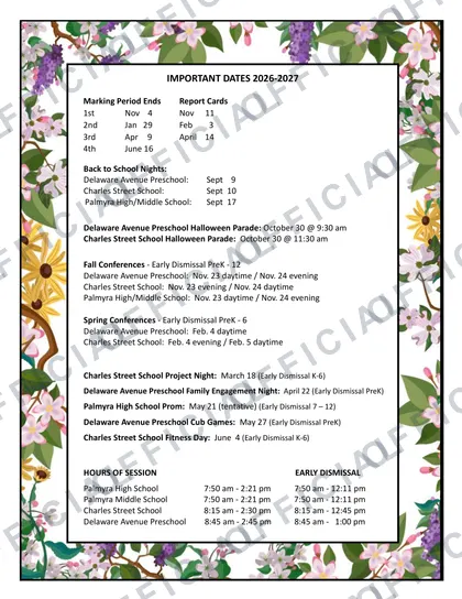 PALMYRA SCHOOL DISTRICT 2026-27 calendar