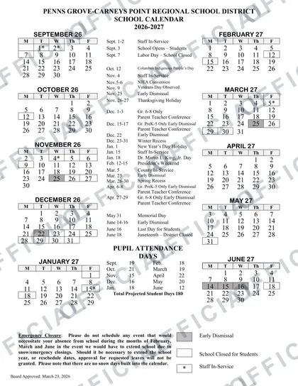 PENNS GROVE-CARNEYS POINT REGIONAL SCHOOL DISTRICT 2026-27 calendar